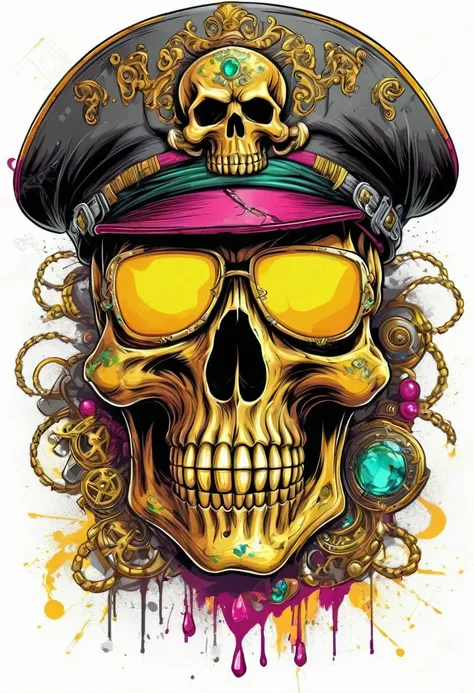 T-shirt art vector ready to print colorful graffiti illustration of masked yellow pirate skull and hat web decorated with jewels of precious rubies and emeralds and skeleton beard decorated with yellow diamonds, beautiful stone jewelry teeth, frontal persp...