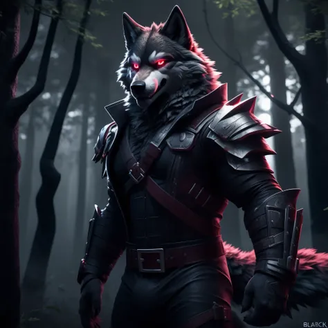 Posing, Male, 30 years old, biting lip smile, broken suit of gothic armour, bedroom eyes, anthro, wolf ears, (blakck fur:1.5), wolf, forest background at night, 8k, hi res, (best quality, masterpiece), red glowing eyes, (wolf tail:1.5), detailed fur, blood...