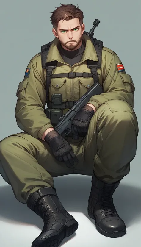 Illustration style, man in his thirties, short brown hair, light beard, green eyes glowing with determination, wearing a black tactical jacket, cargo pants, and combat boots, in a dark environment with soft light illuminating his face