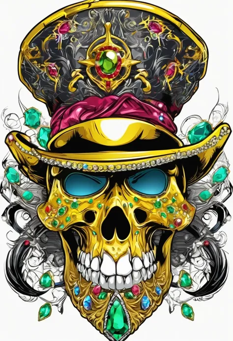 T-shirt art vector ready to print colorful graffiti illustration of masked yellow pirate skull and hat web decorated with jewels of precious rubies and emeralds and skeleton beard decorated with yellow diamonds, beautiful stone jewelry teeth, frontal persp...