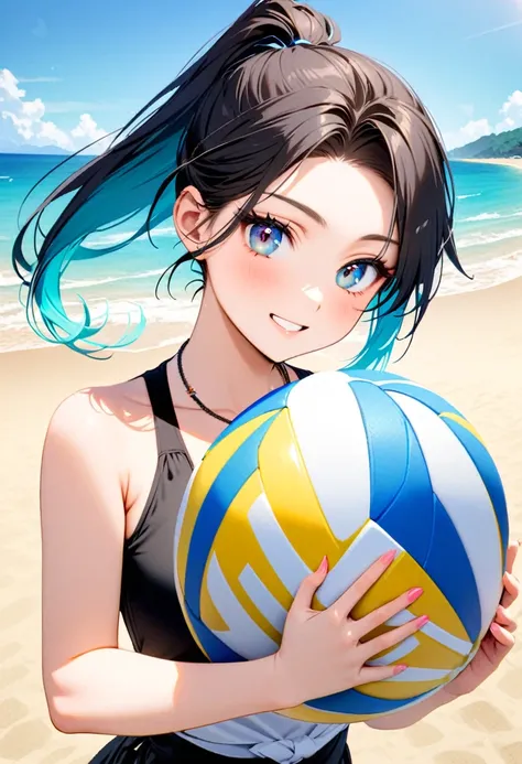 A young woman, 21-years-old, solo, Caucasian, black hair, cyan hair, gradient hair, multicolored hair, ponytail, two-tone hair, blue eyes, cheerful smile, black swimsuit, holding a volleyball, beach, thin silver necklace