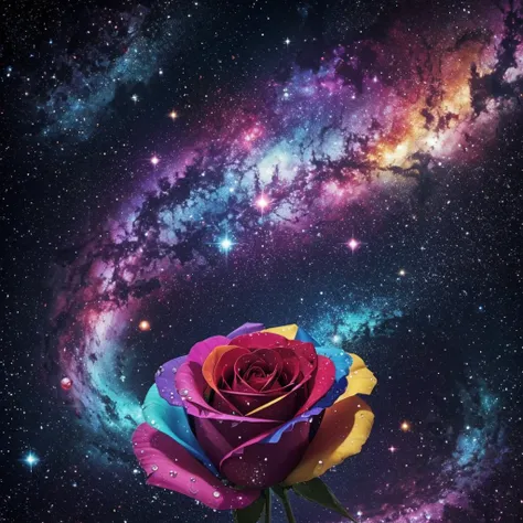 Colorful rose with water drops, background galaxy 