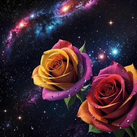 Colorful rose with water drops, background galaxy 