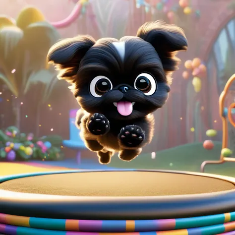 2 Adorable small black Shih Tzu puppies wearing bright sunglasses jumping on trampoline Disney background 3d cartoon 3d render disney pixar style