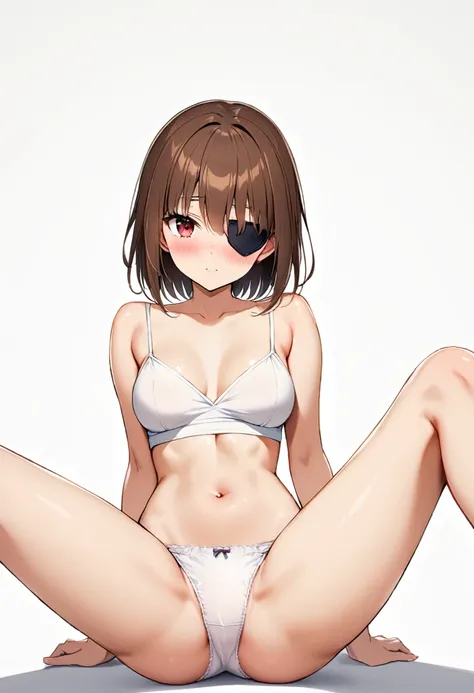 16k works,Highest quality,18-year-old,No background.White background only,whole body、sexy, One person, Beautiful Face,, Symmetrical eyes, Perfect body, Good balance、 Perfect body、Blushed, Red eyes, Brown Hair, Eye patch, Heel, panties、sit