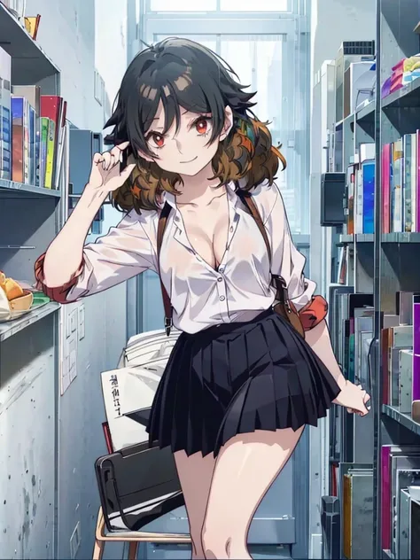 kuwanamaki, black hair with brown highlights, red eyes, white shirt, short pleated skirt, cleavage, (leaning forward), teasing grin,