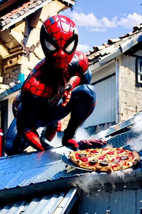 Spider-Man eats pizza on the roof of the house 16:4