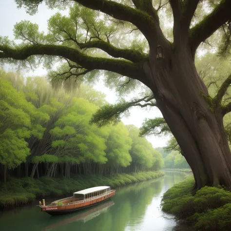 Spanish moss covered spooky trees, and in the distance - a river boat