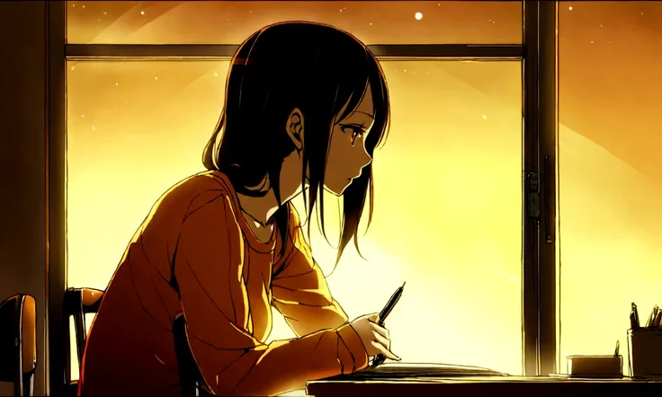 Room with large windows、Desk and chair、Girl writing in notebook with pen、Cat looking out the window、Profile of a girl、early morning、Its dim outside、Warm orange light、夏のearly morning、Woman wearing sweatshirt