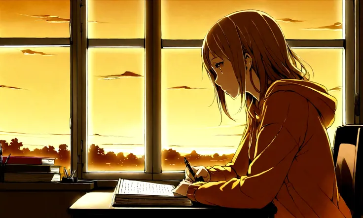 Room with large windows、Desk and chair、Girl writing in notebook with pen、Cat looking out the window、Profile of a girl、early morning、Its dim outside、Warm orange light、夏のearly morning、Woman wearing sweatshirt