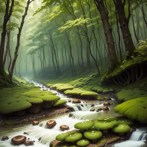 Forest with green mushrooms with a small river 