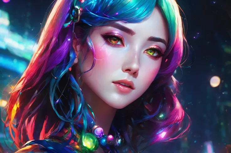 Close-up of a woman with colorful hair and necklace, anime girl with cosmic hair, soft vitality of Rossdraws, artwork in Guvez style, fantasy art style, colorful], vibrant fantasy style, Rossdraws cartoon full of vitality, cosmic and colorful, Guweiz, colo...