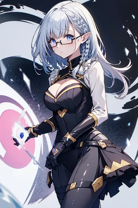 beta
cape, bodysuit, gloves, black leggings
white shirt, frills, pencil skirt, cleavage
glasses