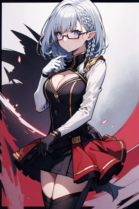 beta
cape, bodysuit, gloves, black leggings
white shirt, frills, pencil skirt, cleavage
glasses