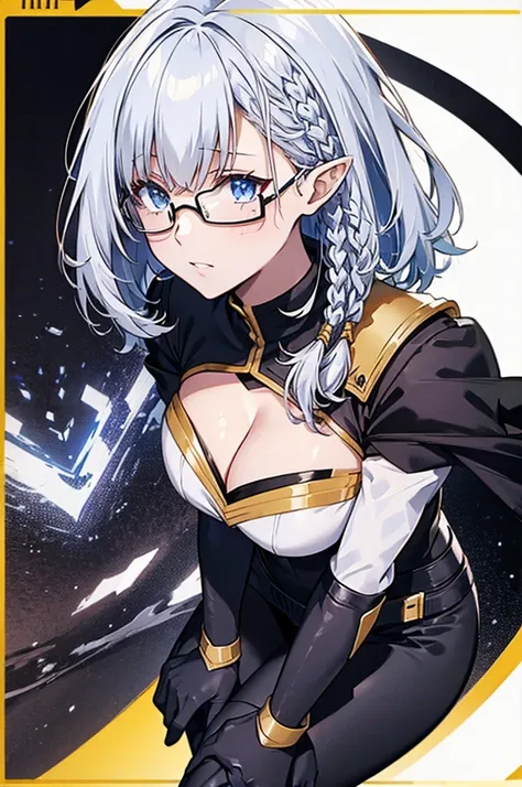 beta
cape, bodysuit, gloves, black leggings
white shirt, frills, pencil skirt, cleavage
glasses