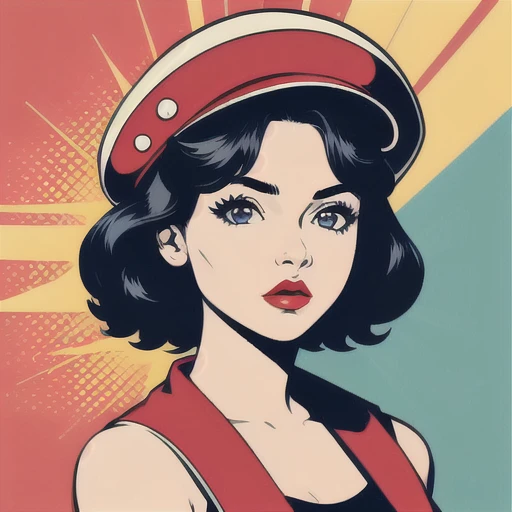 pop art,1girl, solo, head and shoulders, black hair, red lips, looking at viewer, hat,