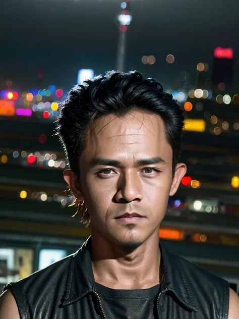 (masterpiece, best quality:1.2), 1man, solo, dj on the rooftop, playing music, detailed face, hyper realistic skin, detailed hands, intricate clothing, neon lights, city skyline background, cinematic lighting, moody colors, dramatic shadows, ultra-detailed...