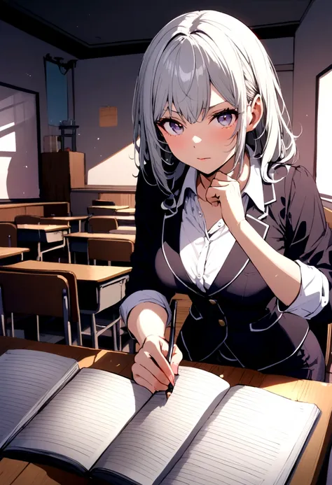 A beautiful teacher giving classes in a classroom 
