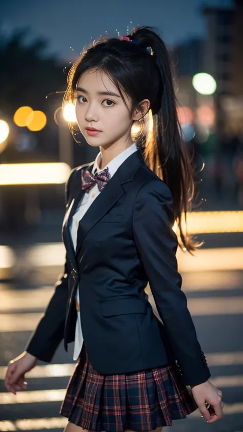 (masterpiece, highest quality:1.4), award-winning portraits, 8K, 85mm, alone, beautiful face, delicate girl, , (dark navy blazer jacket, turn your arms behind your back, close your face:1.2), dark navy skirt, long sleeve, violaces, gardenia, grace, Sophist...