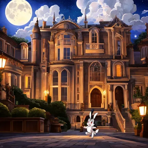 bunniculabunni, alone,  red eyes,  chibi,  white sclera, [mamsion, big, outside the mansion, moon shining, clouds, street , brig...