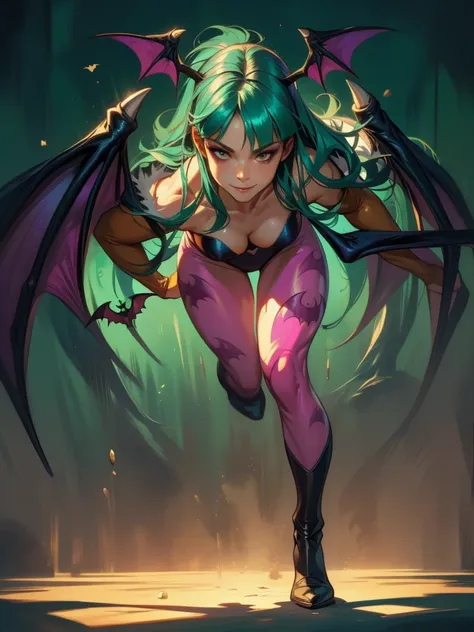 realistic oil paint portrait of morrigan aensland, hot full body, dynamic sensual pose, soft smiling, long green hair, (((bat wi...