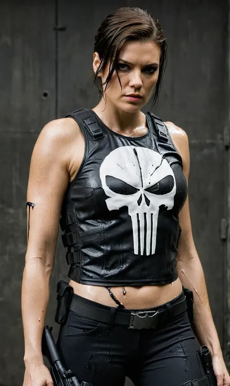 realistic, lauren cohan as punisher, punisher outfit, female bulletproof vest, wet and sweaty hair, combed back,a few strands fa...