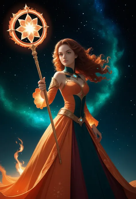 score_9, score_8_up, score_7_up,score_6_up, score_5_up,A girl holding a magical staff that is shooting vibrant, blazing fire, with an intense expression of focus and power on her face. The background is a breathtaking cosmic scene, resembling outer space, ...