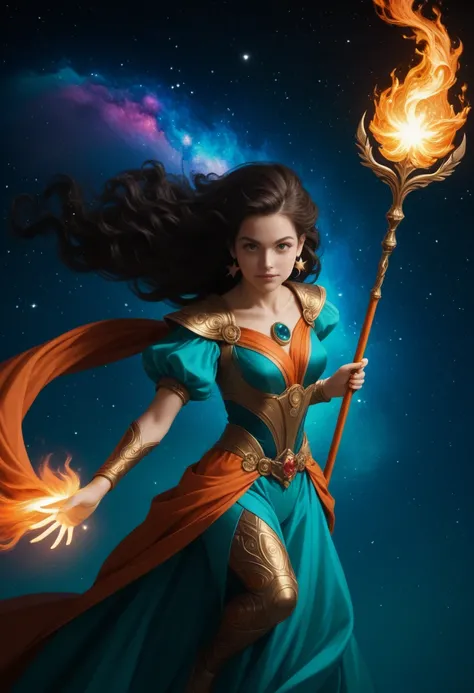 score_9, score_8_up, score_7_up,score_6_up, score_5_up,A girl holding a magical staff that is shooting vibrant, blazing fire, with an intense expression of focus and power on her face. The background is a breathtaking cosmic scene, resembling outer space, ...