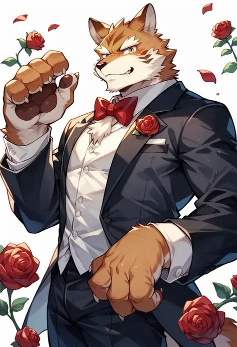 Watercolor elements, 1boy, kemono, furry, detailed body fur, animal face, animal hand, Handsome boy in tuxedo holding a red rose and looking at viewer,