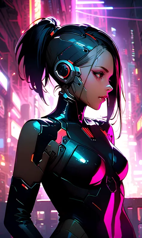 a female cyborg in a cyberpunk era