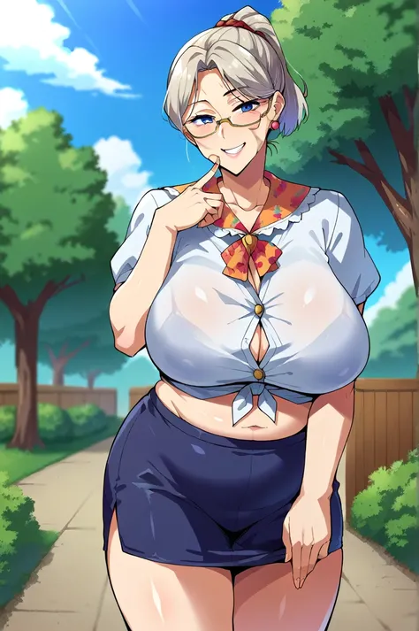 ((grandma)), gilf A pregnant woman with a big belly, score_9,score_8_up,score_7_up,score_6_up, takeda hiromitsu style,1girl, breasts, pantyhose, thighhighs, solo, blue eyes, pixie cut hair, grey hair, ponytail, huge breasts, shirt, tented shirt, ((wrinkles...