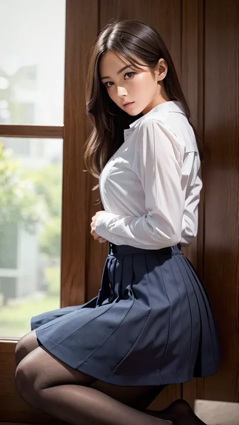 a beautiful woman in a room, sitting on the floor hugging her legs, wearing a navy blue skirt and tights, white button-up shirt ...