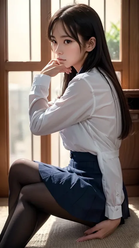 a beautiful woman in a room, sitting on the floor hugging her legs, wearing a navy blue skirt and tights, white button-up shirt with top buttons undone, contemplative expression, backlit from a window, soft cinematic lighting, detailed facial features, pho...