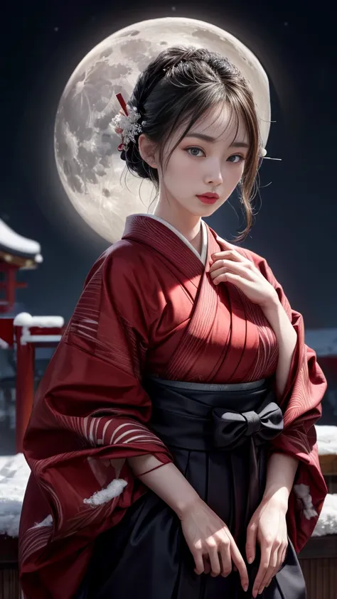 Very beautiful woman、Slender women、Round Glasses、Japanese clothing、((Hakama))、((Big Breasts))、samurai、(((night)))、((moon))、((snow))、Very beautiful woman、Slender women、(Detailed face)、Realistic skin、((Delicate photo))，(Girl Masterpiece RAW Photo Details:1.2...