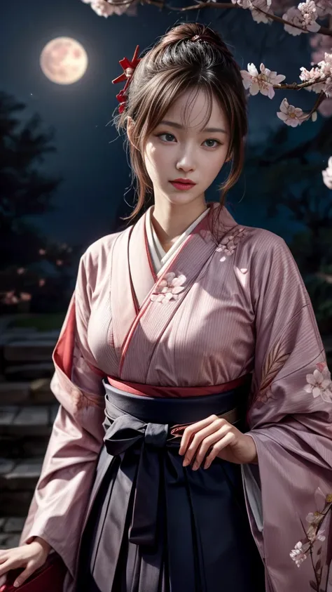 Very beautiful woman、Slender women、Japanese clothing、((Hakama))、((Big Breasts))、(((night)))、((moon))、((cherry blossoms))、Very beautiful woman、Slender women、(Detailed face)、Realistic skin、((Delicate photo))，(Girl Masterpiece RAW Photo Details:1.25), (Highes...