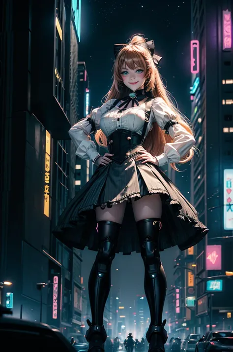 smile, hand on hip, underbust, Penny Polendina, long hair, neck ribbon, suspender skirt, corset, black bow, white blouse, mechanical legs, neon trim, standing in cyberpunk city street, night, stars moon,  skyscrapers, futuristic floating vehicles, neon sig...