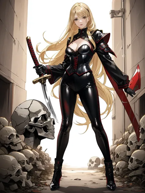 (Realistic photo)(High quality)A powerful sexy blonde in a red corset and black leather pants,standing on a battle field with dead demons laying around her. (Her right foot sits upon a giant skull) and she holds a katana in her right hand. a demon army wai...