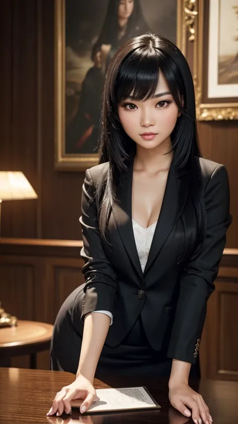 a beautiful asian woman with long black hair and bangs, wearing a blazer and skirt, posing on a tabletop with dramatic lighting, highly detailed, photorealistic, cinematic lighting, (best quality,4k,8k,highres,masterpiece:1.2),ultra-detailed,(realistic,pho...