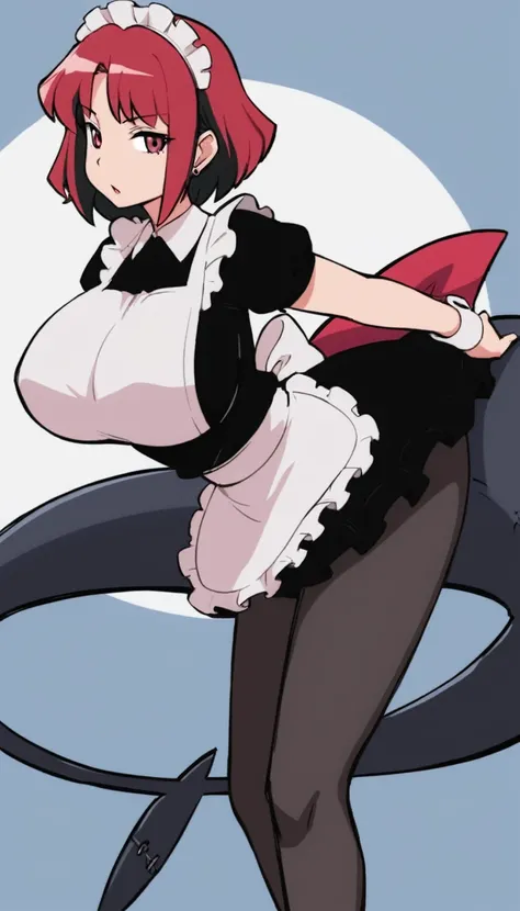 solo,1girl(big breast)(masterpiece, best quality:1.2),Ellen Jo，Zenless Zone Zero，alternate costume ,maid, shark tail, (shark girl:0.5), short hair，black hair，red eyes, tail, pantyhose,multicolored hair, black footwear, short sleeves, apron, wrist cuffs, ma...