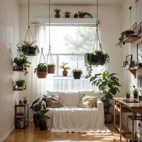 youtube studio modern, background for a digital creator. that has a beautiful artwork, a hanging light suspended  plants and a floating book shelf with beautiful accessories warm light and soft low lighting 