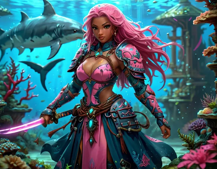 , a wide angle picture of a female human druid swimming along her pet shark, priest of underwater nature, cleric of underwater nature, art full body, ((anatomically correct)), dynamic position (intricate details, Masterpiece, best quality: 1.5) talking to ...