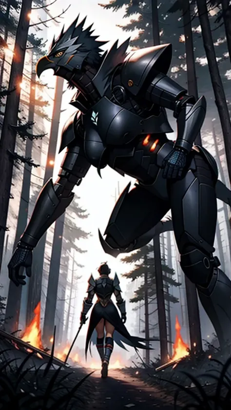 High resolution drawing of big warrior with his back to the camera in bionic armor with muscular body, head to the right looking at a woman on her knees with huge breasts, walking in a destroyed forest with burning trees, eagles and crows flying in the sky...