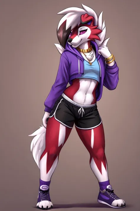  A dark purple Midnight femboy lycanroc wearing a blue and purple hoodie and shorts with white socks and a gold necklace around her neck and with bracelets on her arms