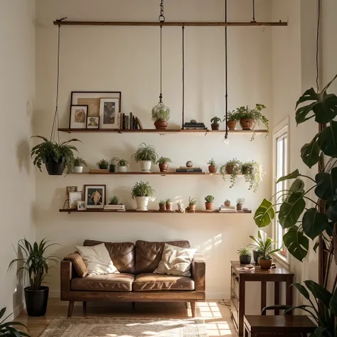 youtube studio modern, background for a digital creator. that has a beautiful artwork, a hanging light suspended  plants and a floating book shelf with beautiful accessories warm light and soft low lighting warm and soft light low lighting NIGHT