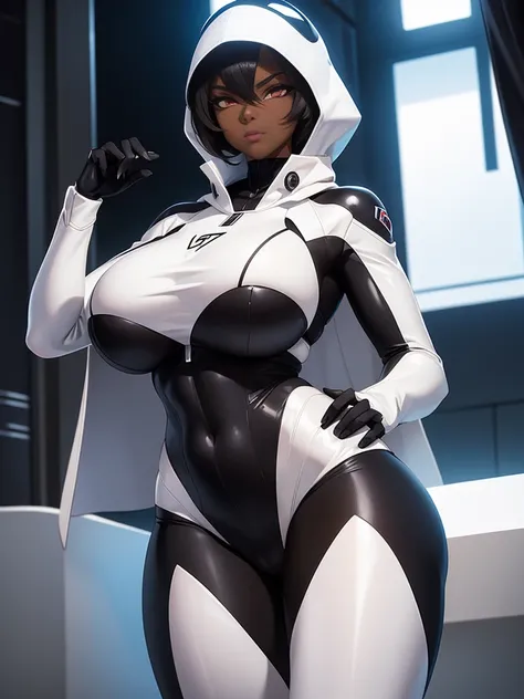 girl, With big breasts, with white or futuristic spy suit, long black fur, crimson eyes, ebony dark skin.