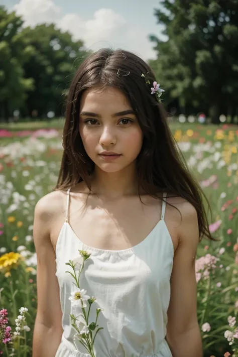 image of girl in the middle of flowers half blurred