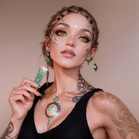 there is a woman holding a green card with a sun and a moon, holding a 🛡 and an 🪓, with tattoos, huge earrings and strange makeup, temporary tattoo, wearing several pendants, with rune tattoos on his face., Medium portrait, inked, cait miers, holding a sma...