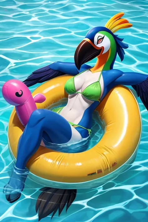 Captain Celaeno, a sexy female anthropomorphic parrot lady in her green bikini, is lounging on her inflatable toucan float in Celaenos Pool.
But Celaeno accidentally pokes a hole in her Inflatable toucan float. "Oh No!" (POKE, HISS) Another hole. "Oh No!" ...