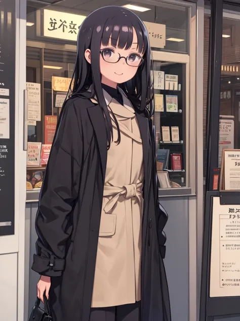 Highest quality, Super detailed, figure, One girl, alone, Glasses, Black Hair, Long Hair, Duffle coat, Black Bag, smile, View your viewers, alone focus, Kinokuniya, over the counter, scenery, Outdoor, close, window, sign