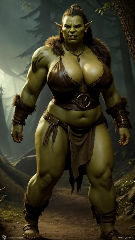 Young orc woman (big fangs), female orc, (green skin) , peaceful, dirty skin and hair, dirty fur and leather clothes, (wearing linen dress), big saggy breasts, big breasts, cleavage, skin imperfections, skin dentation, bone jewelry, forest background, natu...